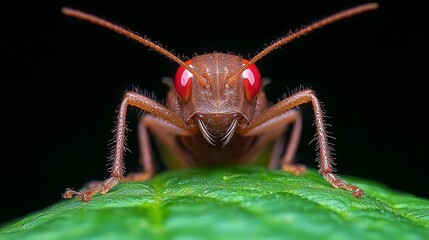 Wall Mural - A close up of a bug with red eyes on a leaf