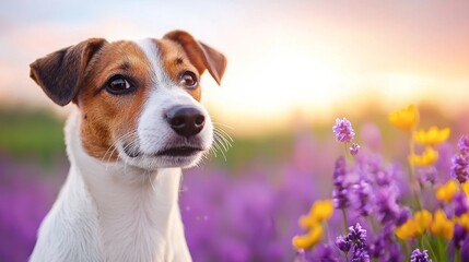 Wall Mural - A small dog sitting in a field of flowers