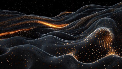 Poster - Abstract digital landscape of undulating hills with glowing particles