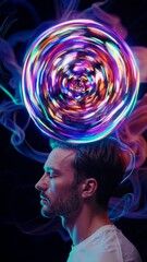 Aufkleber -  A man's face merging with planet Earth, surrounded by drifting nebula clouds and distant stars,