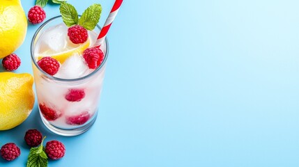 Poster - A glass of lemonade with raspberries and mint leaves on a blue background