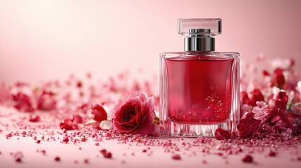 Wall Mural - Elegant perfume bottle surrounded by roses and petals on a pink background