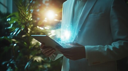 A businessman using a tablet with a digital icon