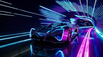 Poster - a futuristic sports car racing through a neon-lit tunnel, with dynamic light streaks enhancing the sense of speed and adrenaline
