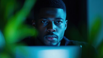 Focused Man Working on Computer at Night