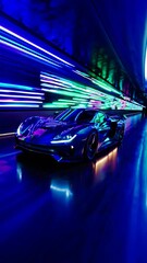 Aufkleber - a futuristic sports car racing through a neon-lit tunnel, with dynamic light streaks enhancing the sense of speed and adrenaline