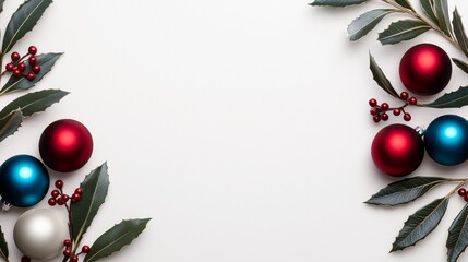 Canvas Print - A border of holly leaves and red and blue ornaments on a white background