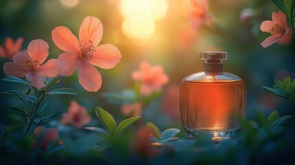 Wall Mural - Floral perfume bottle in garden sunset