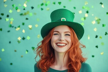 smiling woman with ginger hair wearing green leprechaun hat, saint patrick's day celebration