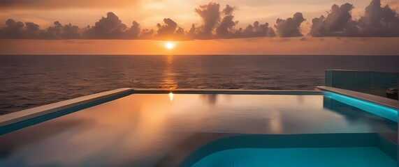 Wall Mural - A breathtaking view of a luxurious infinity pool merging with the ocean under a radiant sunset showcasing the ultimate dream vacation escape