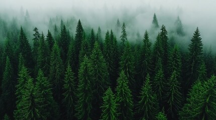 Canvas Print - A forest of evergreen trees in the middle of a foggy forest