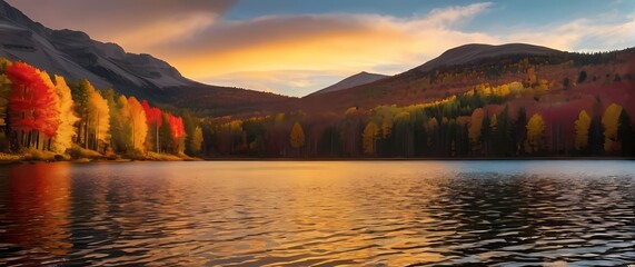 Wall Mural - A mesmerizing view of a tranquil lake surrounded by autumn colors embodying a serene escape into natures richness and seasonal beauty