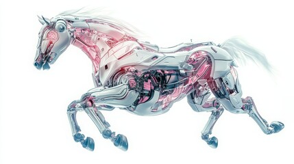 A high-tech mechanical horse galloping with cybernetic armor