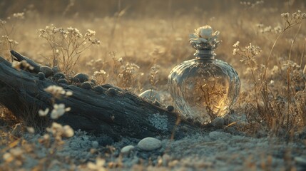 Wall Mural - Golden hour perfume bottle on driftwood in field