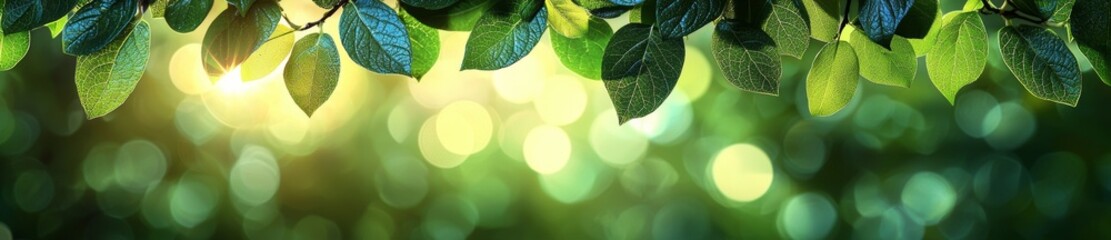 Wall Mural - Abstract blurred out of focus with a blurred green leaf background under sunlight featuring bokeh, with copy space using natural plants landscape as the backdrop, conveying an ecology cover concept