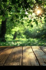 Wall Mural - Spring is depicted with a wooden table featuring fresh green leaves and a nature garden background that is gently blurred