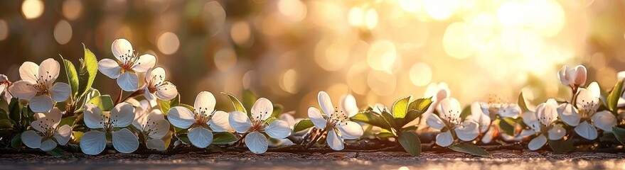 Poster - Spring background featuring white blossoms and sunbeams. Bright perspective of an apple orchard. Banner