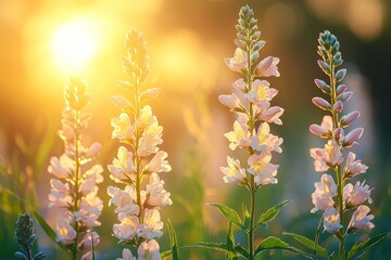 Sticker - Grass and wildflowers bask in sunlight in a meadow. Natural background with a rustic texture. Retro image aesthetic