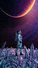 Leinwandbilder - A soft, surreal backdrop of multi-colored planetary orbs floating amidst nebula clouds, framing an astronaut poised on a rocky alien outcrop for an ethereal sci-fi effect.
