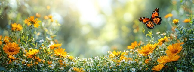 Canvas Print - The abstract image focuses on the vague details of spring, including purple daisies and a butterfly perched on the grass in a sunlit field