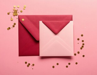 Wall Mural - Two elegant envelopes in red and pink on a soft pink background with golden confetti scattered around.