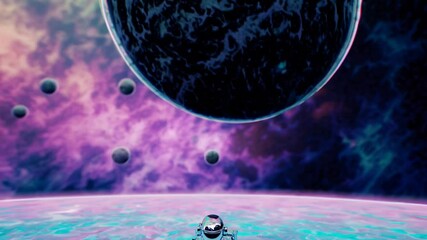 Leinwandbilder - A soft, surreal backdrop of multi-colored planetary orbs floating amidst nebula clouds, framing an astronaut poised on a rocky alien outcrop for an ethereal sci-fi effect.