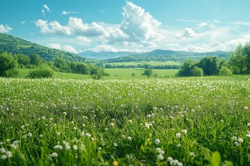 Wall Mural - World Environment Day theme: a backdrop featuring green grass and a blue sky with a bokeh effect