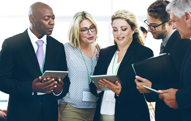 Wall Mural - office, tablet and business people in meeting or discussion for online project, feedback and researc