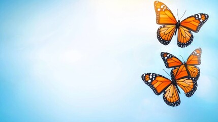 Wall Mural - A group of three orange butterflies flying in the sky