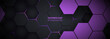 © Biod - Dark purple hexagonal technology horizontal abstract vector background. Purple and pink bright energy flashes under hexagon in futuristic modern technology wide banner. Dark honeycomb 3D texture.