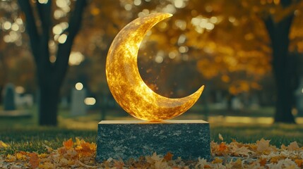 Wall Mural - Illuminated crescent moon sculpture in autumnal cemetery