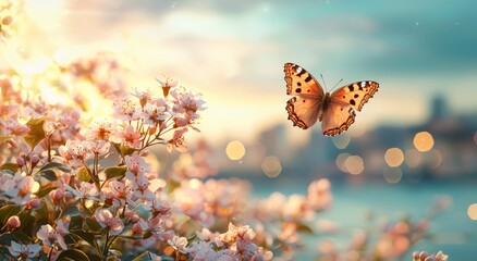 Sticker - A beautiful blurred spring background featuring a nature-filled glade with blooming flowers, a butterfly, and a blue sky on a sunny day