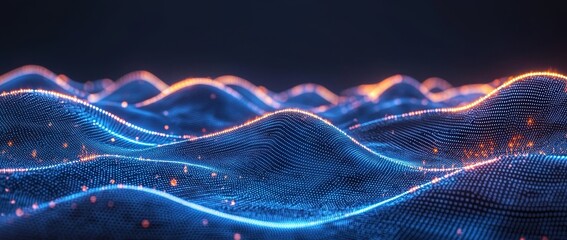 A contemporary flat illustration depicting a coding concept, featuring a deep blue color scheme, a technological background, flowing code snippets, integrated binary codes, subtle glow effects, and