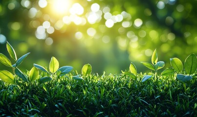 Wall Mural - A wallpaper background features a blurred, beautiful green nature with a blue sky and white clouds