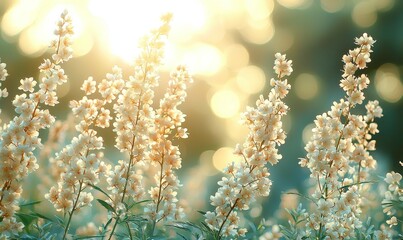 Wall Mural - A wallpaper featuring a blurred background of green nature, a blue sky, and white clouds