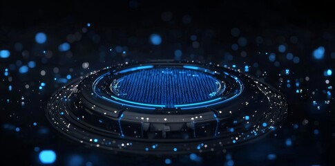 A blue background of binary code with glowing lights and flowing data, representing a technology concept.