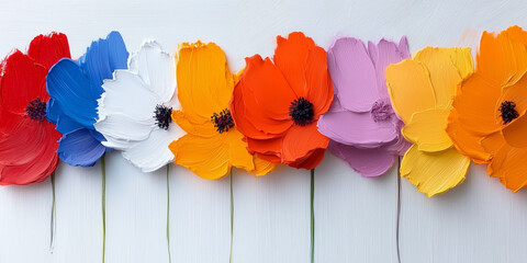 Poster - Colorful Poppies Arranged On White Wood Background