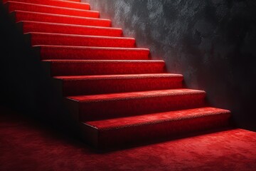 On a dark background, a red carpet stretches across the stairs, signifying the journey to glory, victory, and success