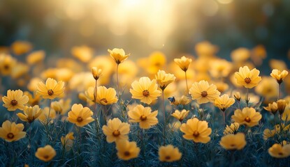 Poster - A meadow filled with wildflowers of clover and butterflies, bathed in the warm rays of sunlight during summer, captured in a macro close-up. The scene is a vibrant and artistic representation with a