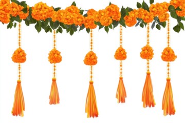 Wall Mural - Marigold garlands hang with green leaves on a white background. For decorations