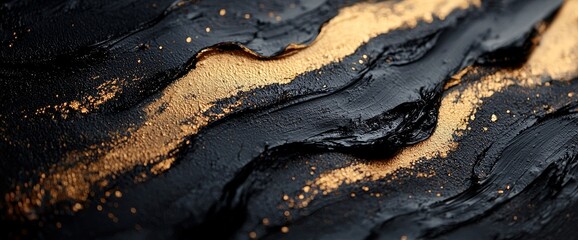 Wall Mural - Oil and acrylic brushstrokes are detailed in a closeup of an abstract gold and black textured painting on canvas