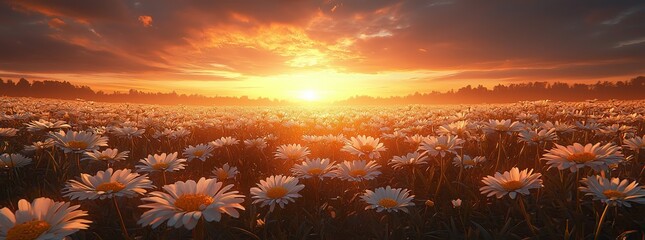 Wall Mural - The daisies create a vibrant carpet in a panoramic pastoral view of spring and summer countryside