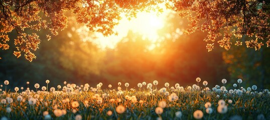 Wall Mural - A bright sunny day with a spring natural background featuring green grass and blooming dandelions set against trees