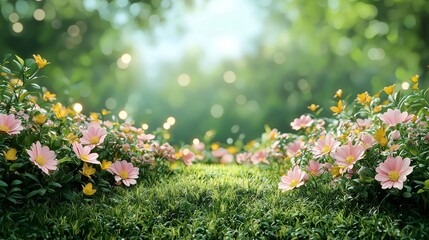 Wall Mural - Sunny spring landscape with green grass and a blue sky is captured in an abstract style with light bokeh and plenty of room for text