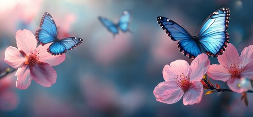 Sticker - Horizontal banner featuring blue butterflies and pink sakura flowers against a sunny backdrop. Captivating spring nature scene with a branch of blooming sakura. Sakura blossoming season in Japan