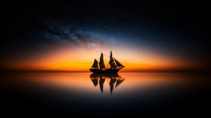 Canvas Print - A sailboat floating in the middle of a body of water under a starry sky