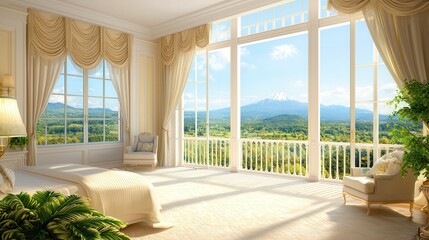 Wall Mural - luxury apartment sophisticated penthouse. Bright, elegant room with large windows overlooking a scenic landscape.