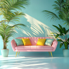 Wall Mural - Pink couch with yellow cushions, flanked by potted palm trees and dappled sunlight shadows.