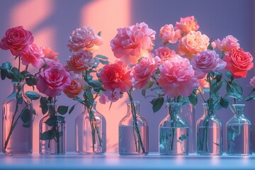 Wall Mural - Elegant roses placed in glass vases against a backdrop of purple violet gradient