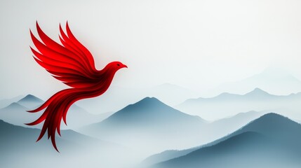 Poster - A red bird flying over a mountain range